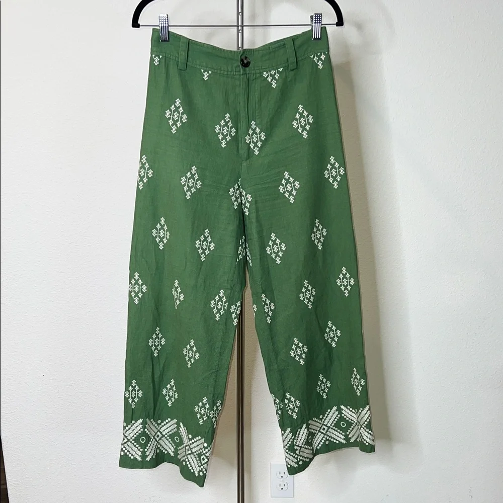 Zara Linen Blend High Waist Wide Leg Embroidered Culotte Pants